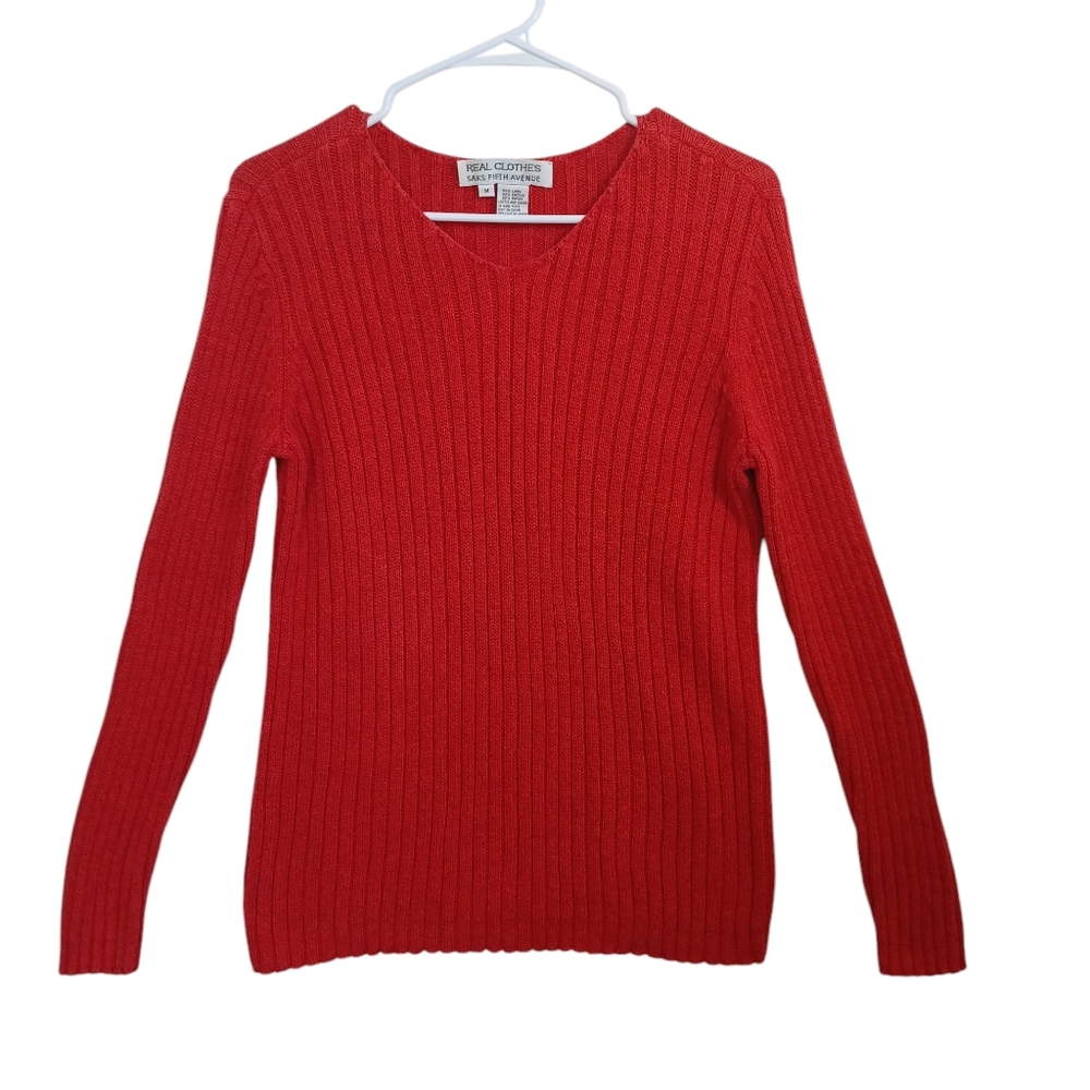 Saks‎ 5th Avenue Sweater Linen Blend Red Ribbed Knit Pullover Womens Medium